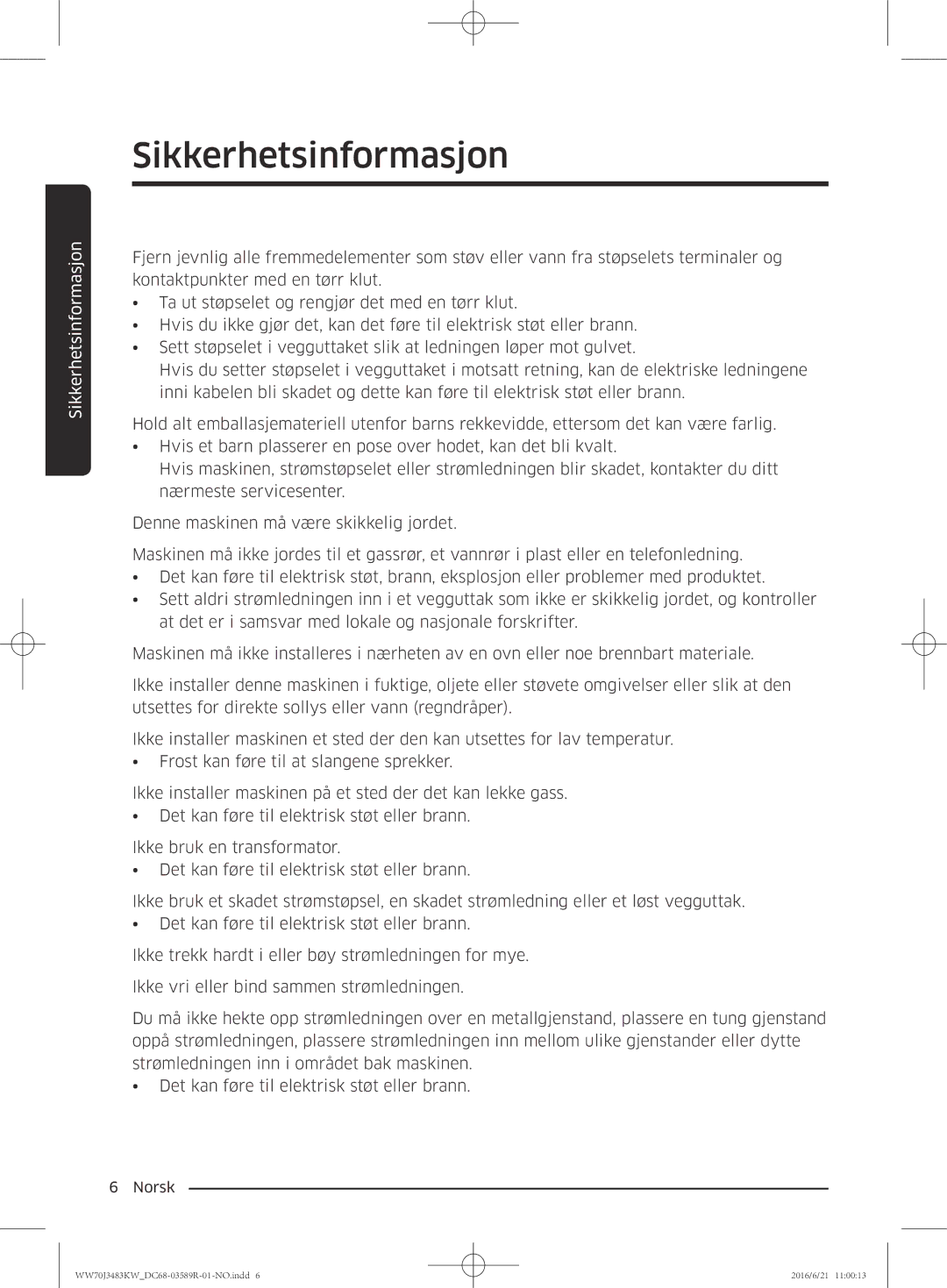 Samsung WW70J3283KW/EE manual Sikkerhetsinformasjon 