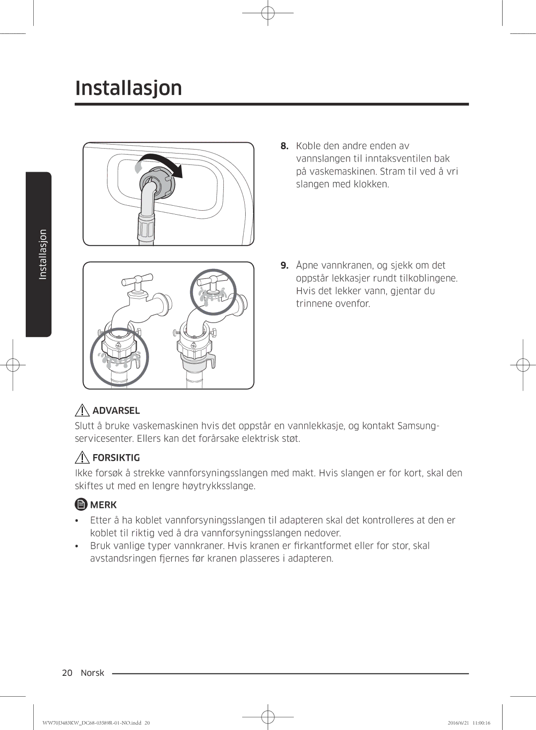 Samsung WW70J3283KW/EE manual Forsiktig 