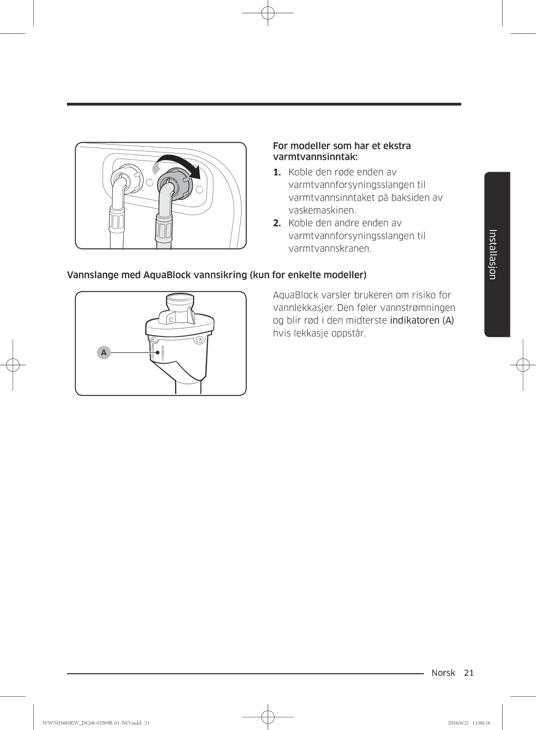 Samsung WW70J3283KW/EE manual Installasjon 