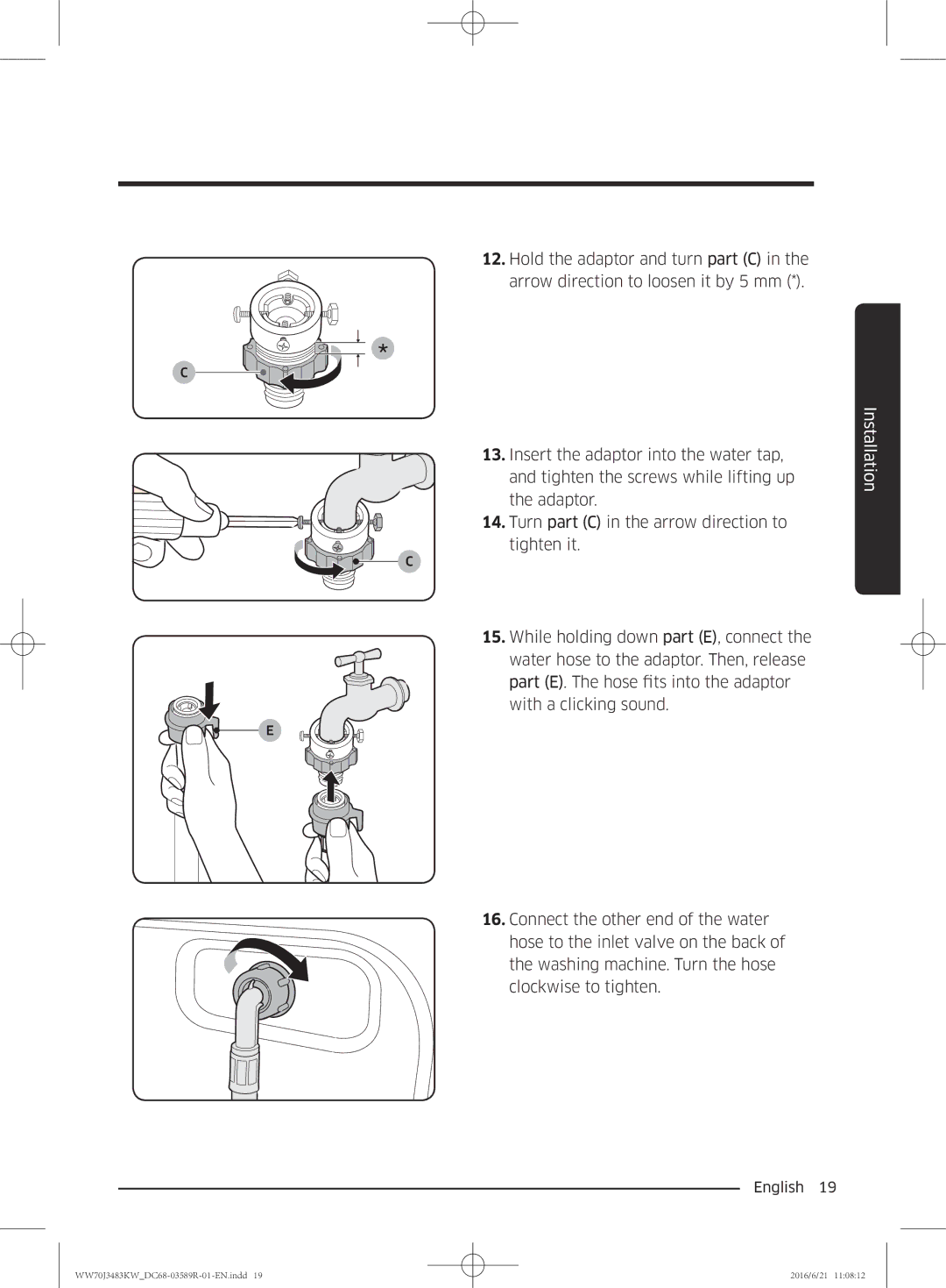 Samsung WW70J3283KW/EE manual Installation 