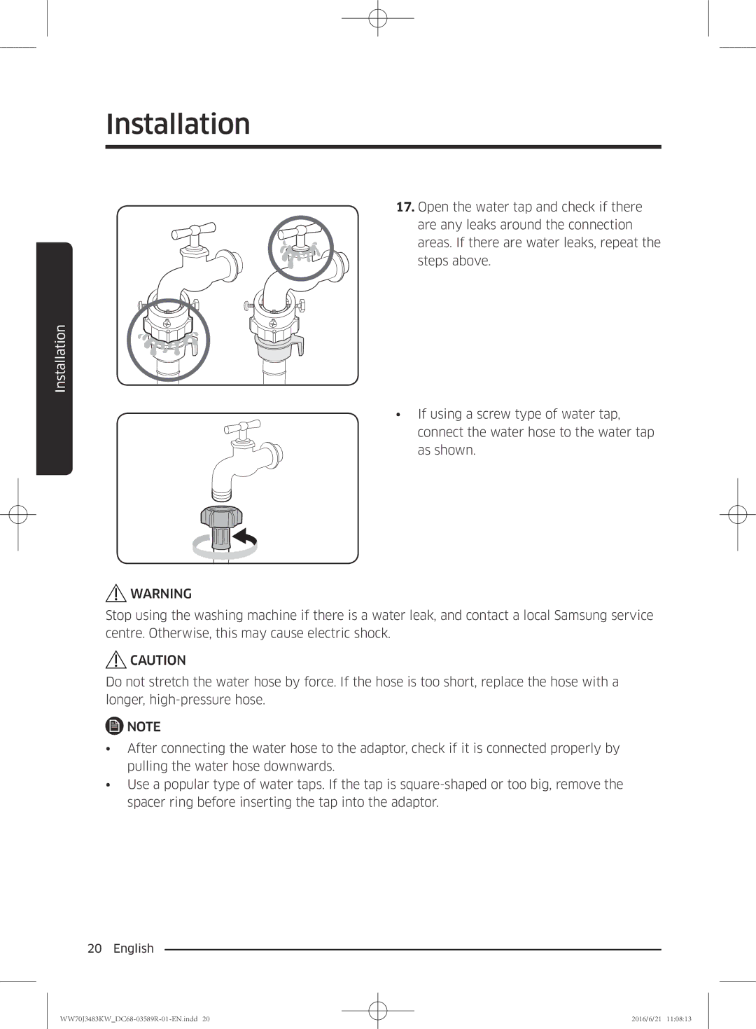 Samsung WW70J3283KW/EE manual Installation 