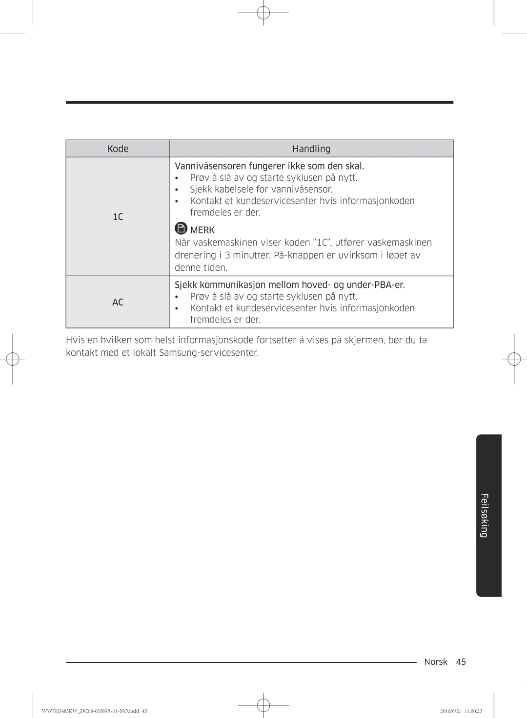 Samsung WW70J3283KW/EE manual Når vaskemaskinen viser koden 1C, utfører vaskemaskinen 