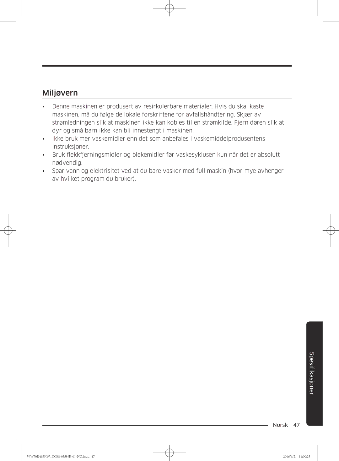 Samsung WW70J3283KW/EE manual Miljøvern 