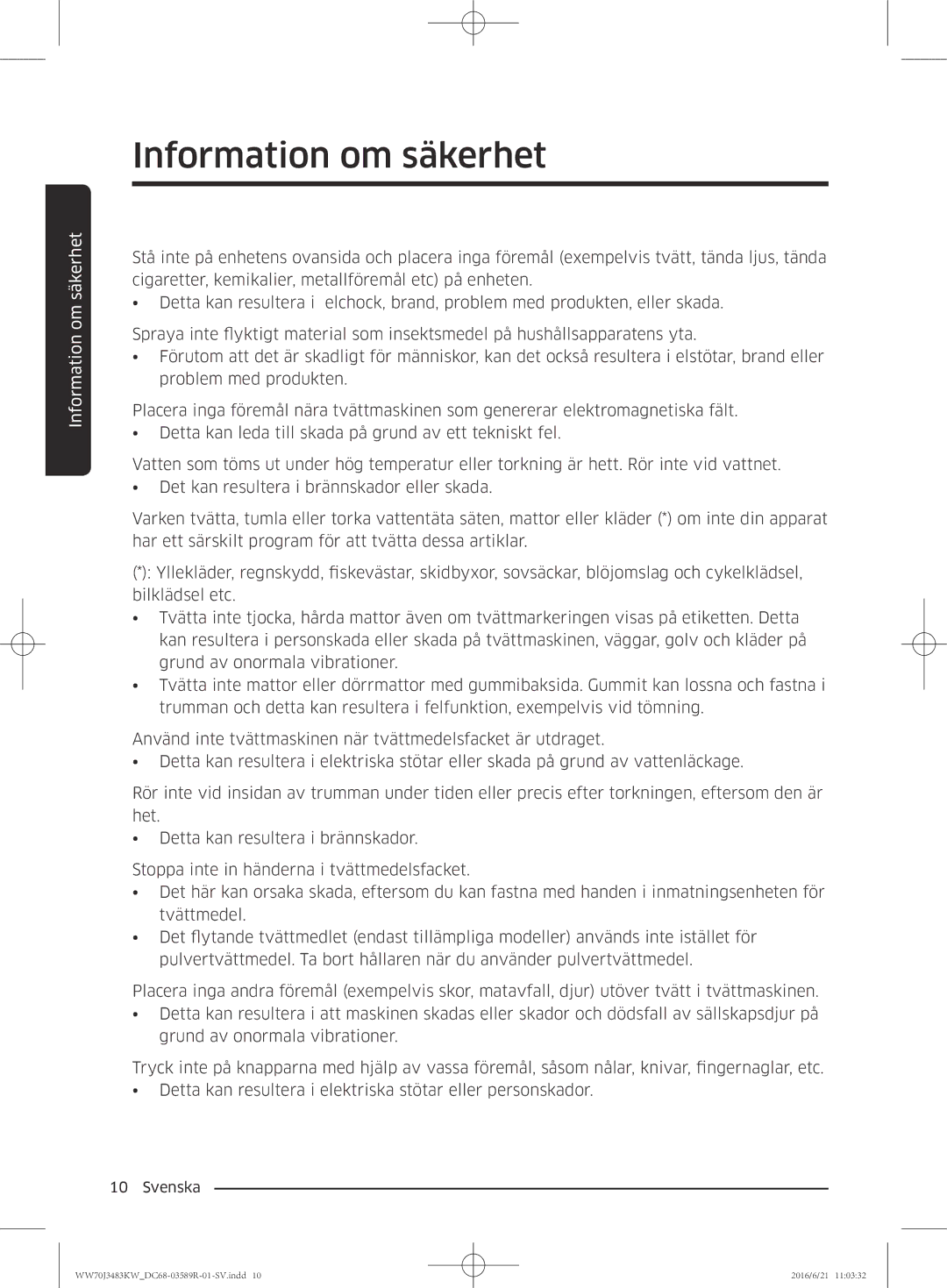 Samsung WW70J3283KW/EE manual Information om säkerhet 