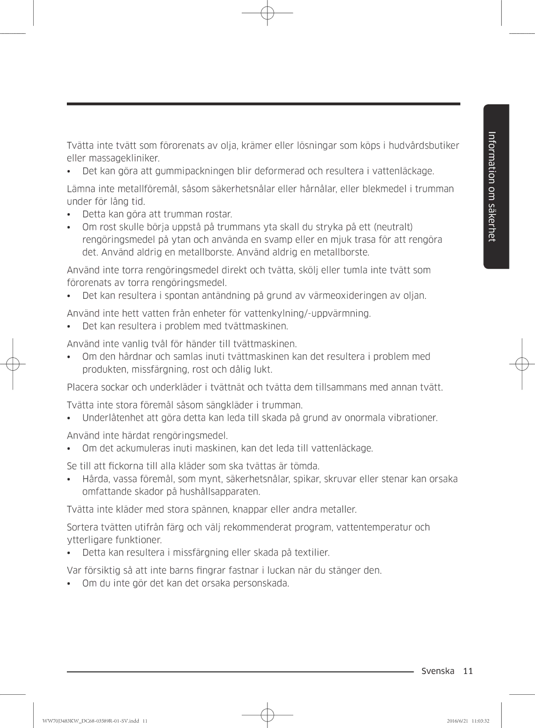 Samsung WW70J3283KW/EE manual Information om säkerhet 