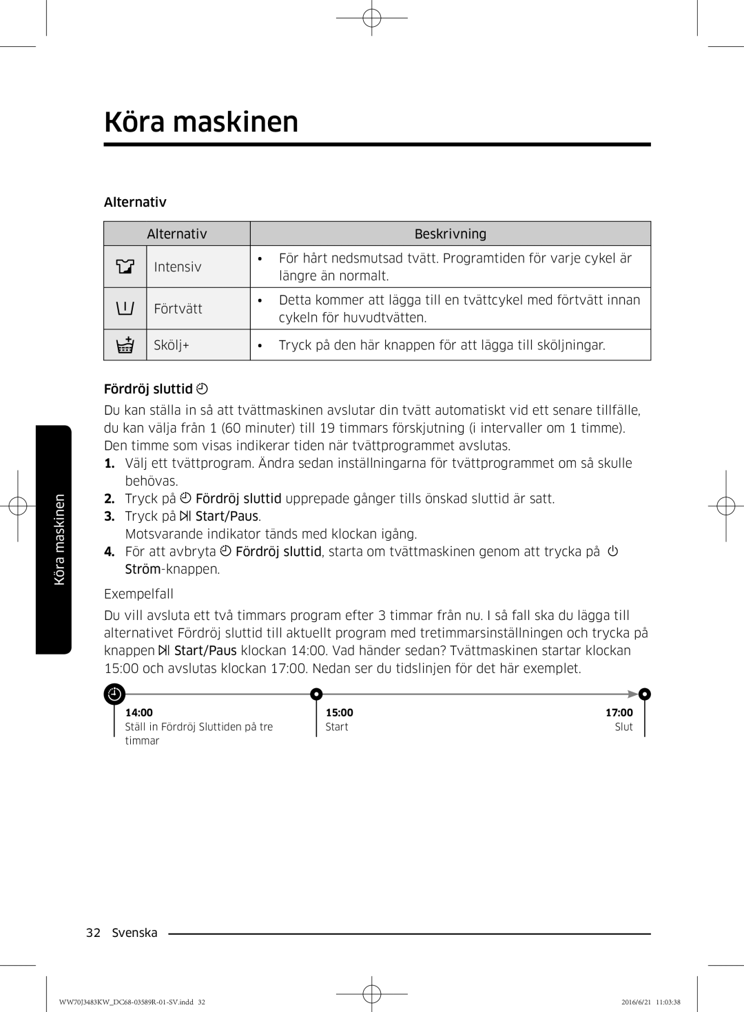 Samsung WW70J3283KW/EE manual Ställ in Fördröj Sluttiden på tre Start Timmar 