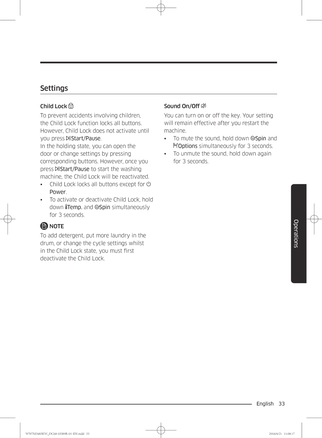 Samsung WW70J3283KW/EE manual Settings 