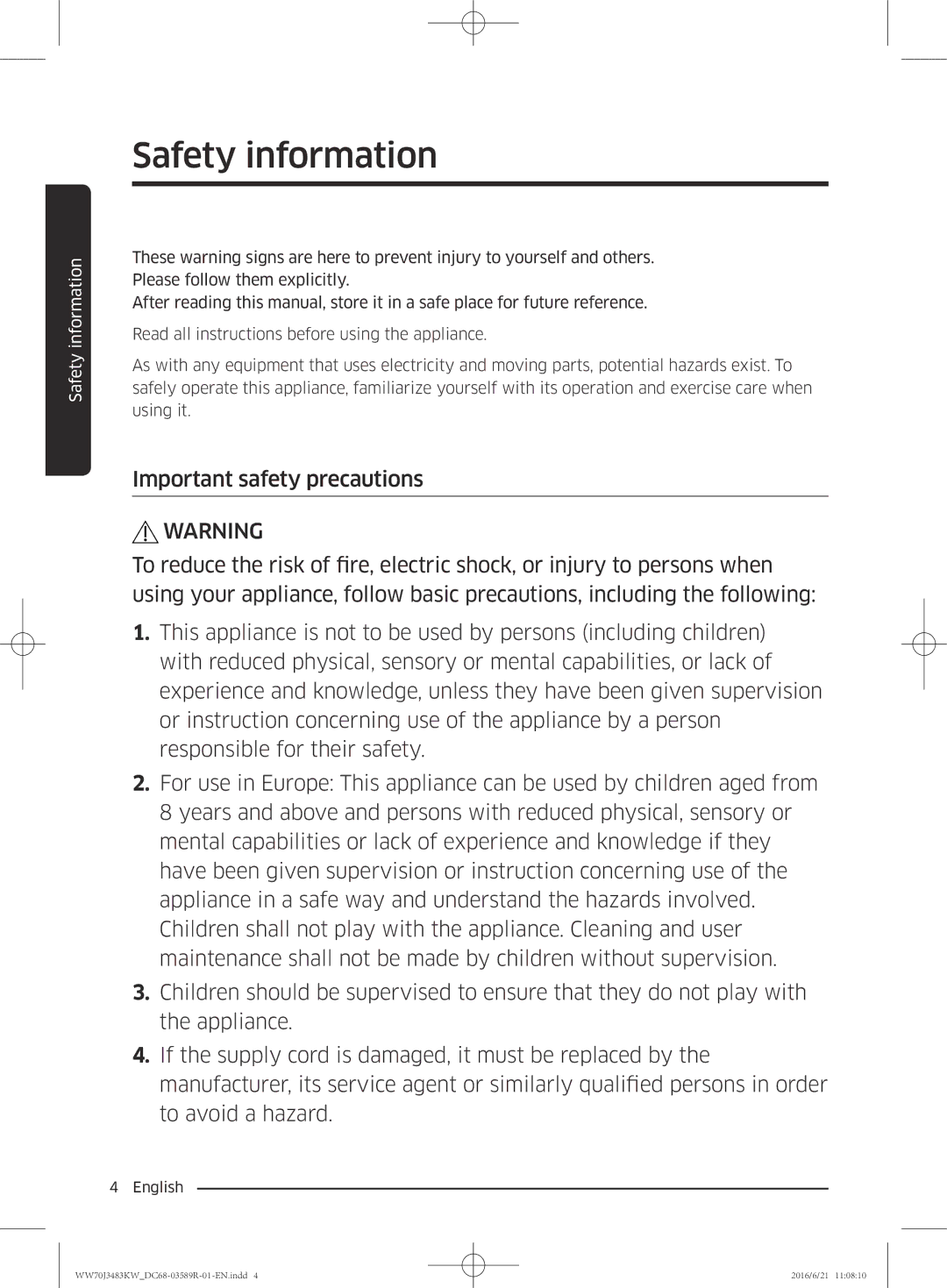 Samsung WW70J3283KW/EE manual Safety information 