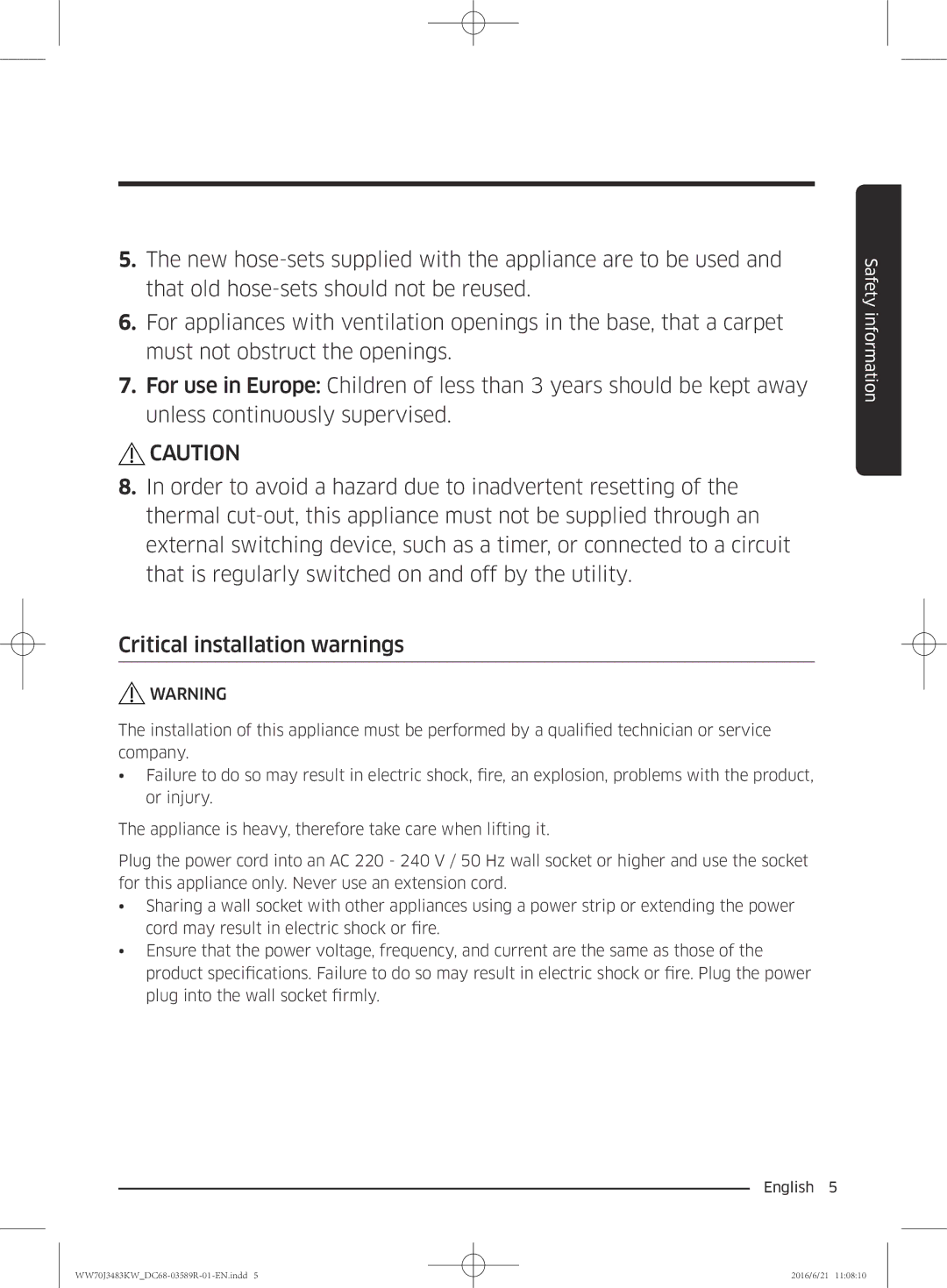 Samsung WW70J3283KW/EE manual Safety information 