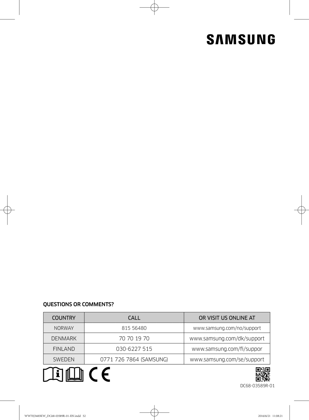 Samsung WW70J3283KW/EE manual Questions or COMMENTS? Country Call Or Visit US Online AT 