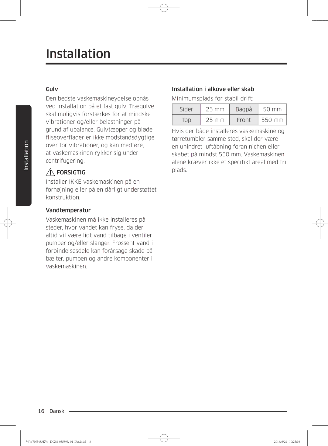 Samsung WW70J3283KW/EE manual Installation 