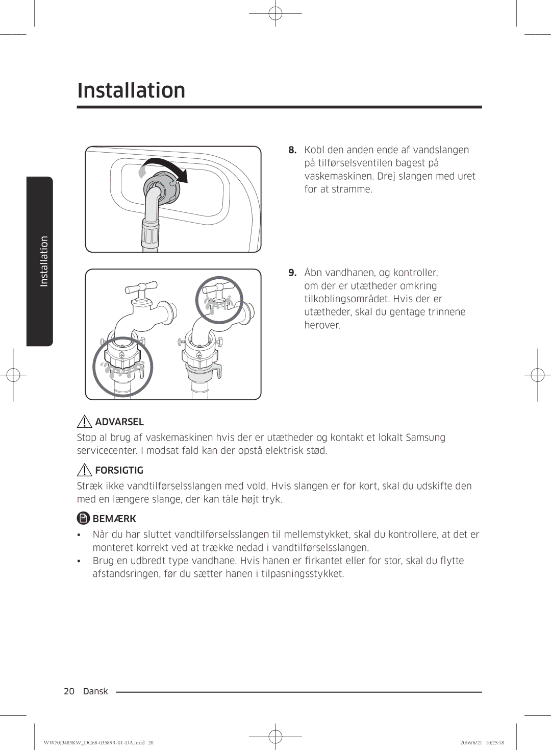 Samsung WW70J3283KW/EE manual Forsigtig 