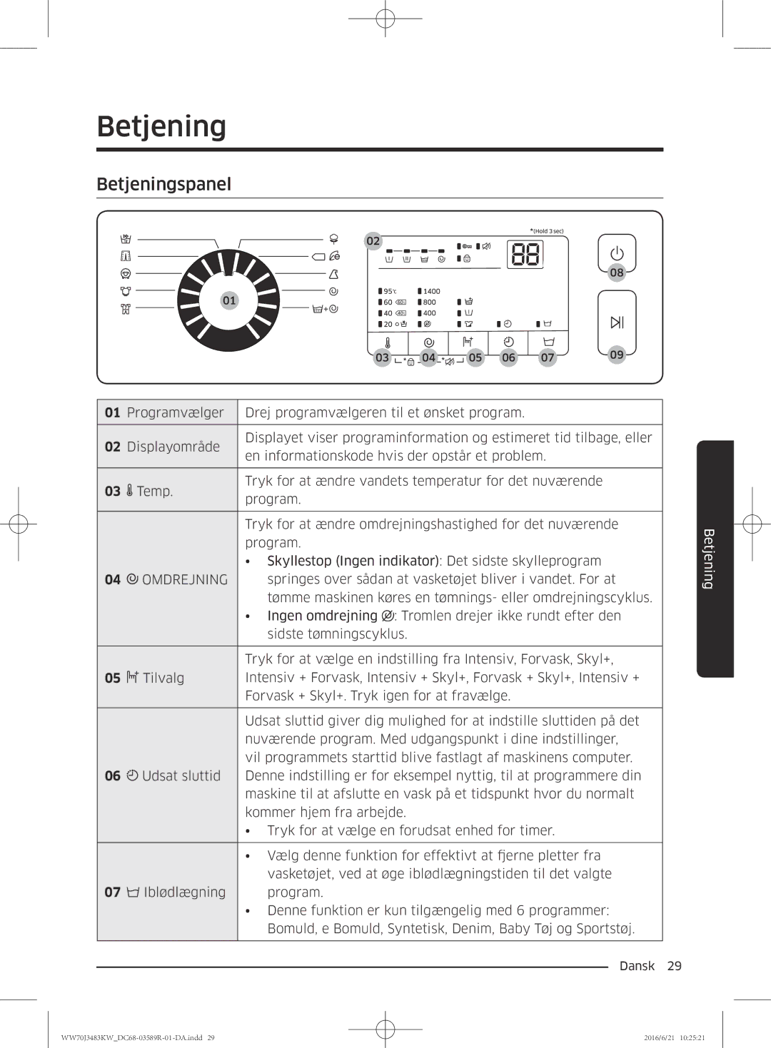 Samsung WW70J3283KW/EE manual Betjeningspanel 