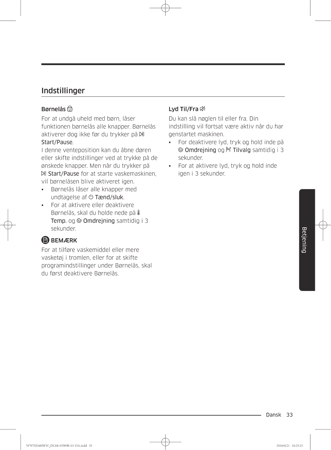 Samsung WW70J3283KW/EE manual Indstillinger 