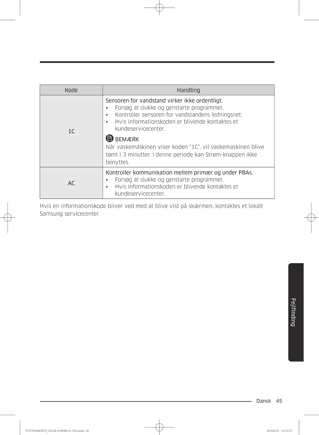 Samsung WW70J3283KW/EE manual Når vaskemaskinen viser koden 1C, vil vaskemaskinen blive 