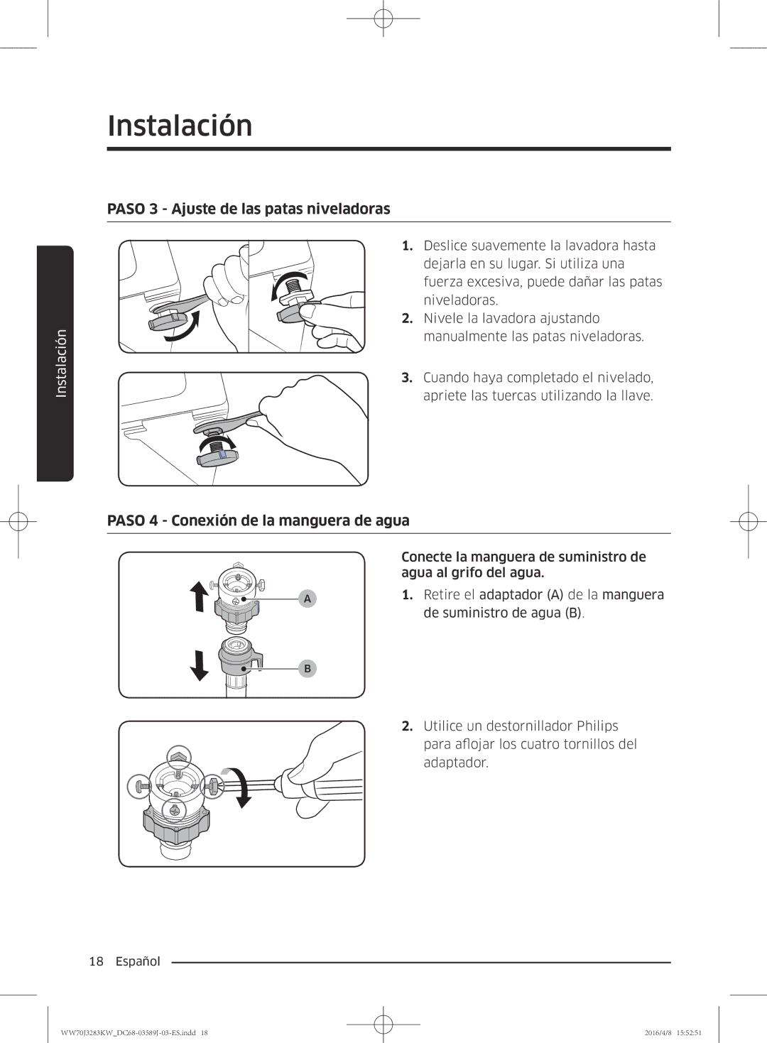 Samsung WW70J3283KW/GG, WW60J3287LW/GG manual Paso 3 Ajuste de las patas niveladoras 