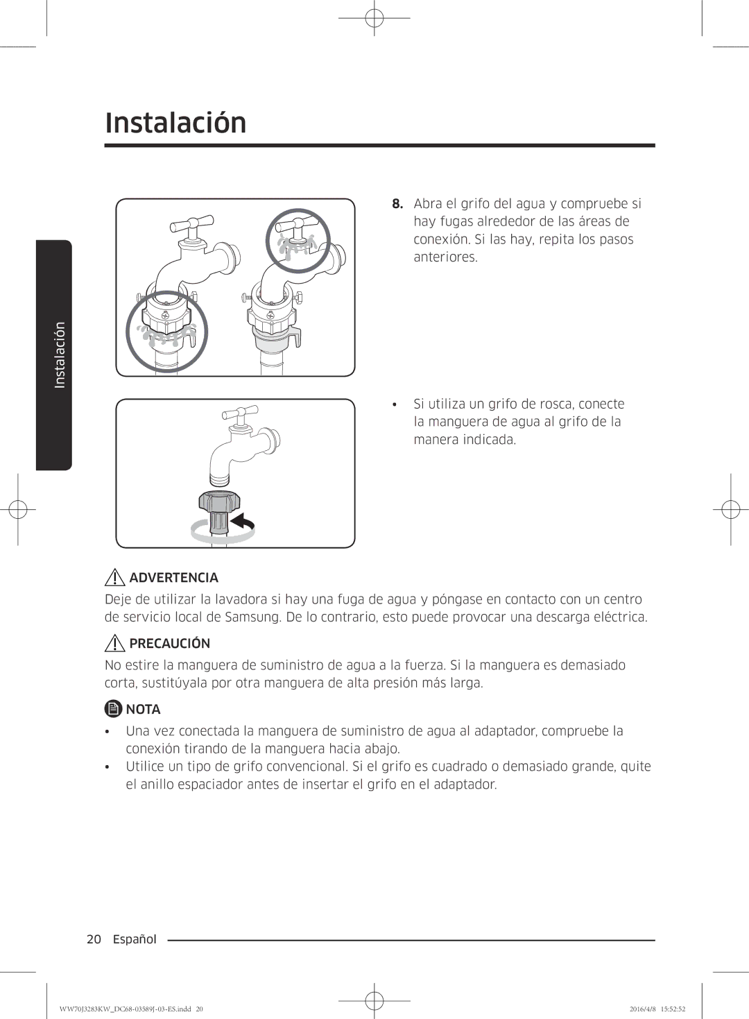 Samsung WW70J3283KW/GG, WW60J3287LW/GG manual Advertencia 