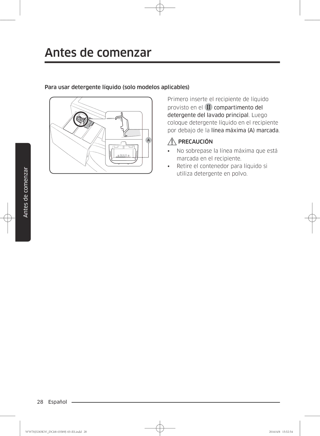 Samsung WW70J3283KW/GG, WW60J3287LW/GG manual Antes de comenzar 