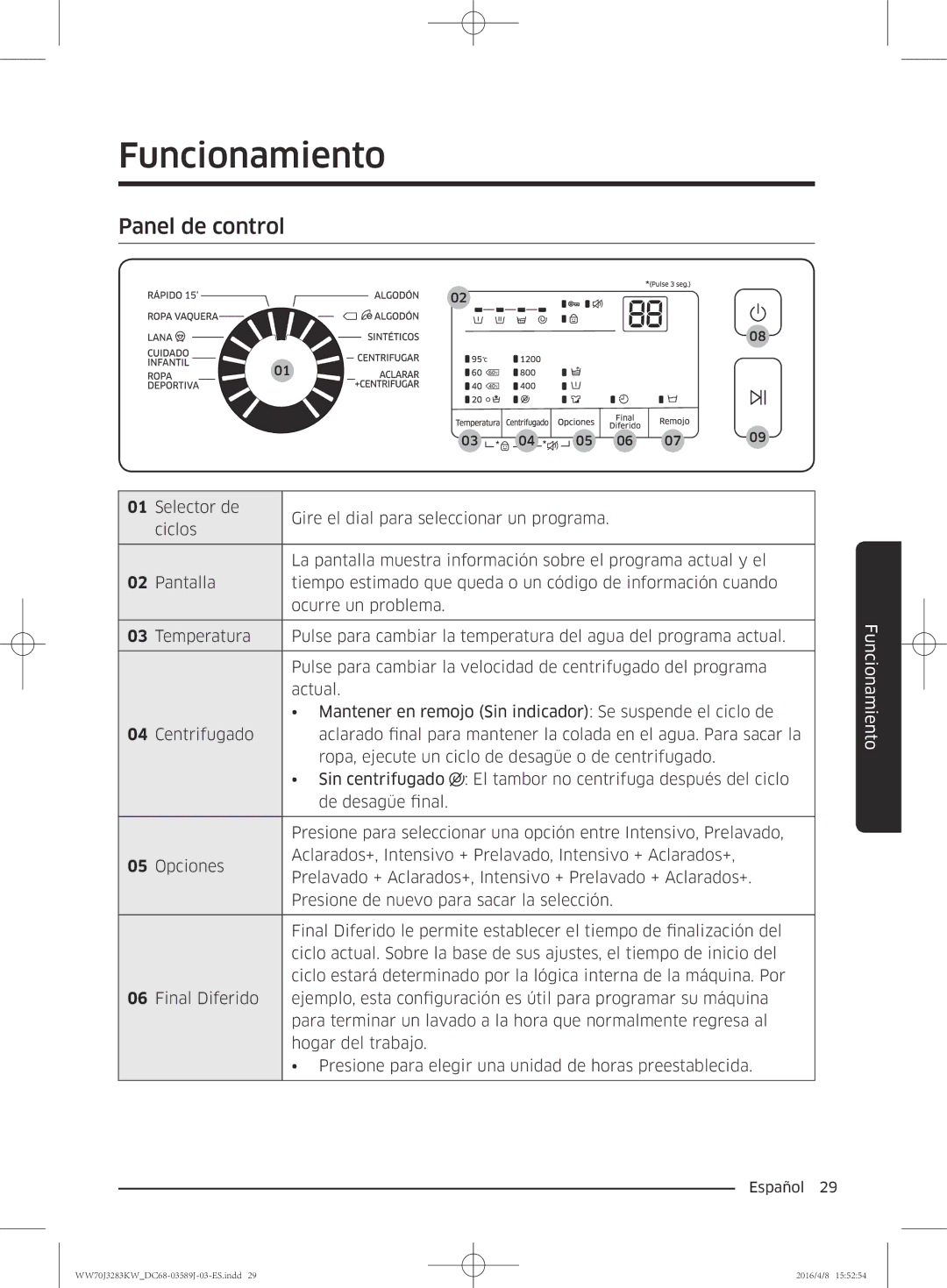 Samsung WW60J3287LW/GG, WW70J3283KW/GG manual Funcionamiento, Panel de control 