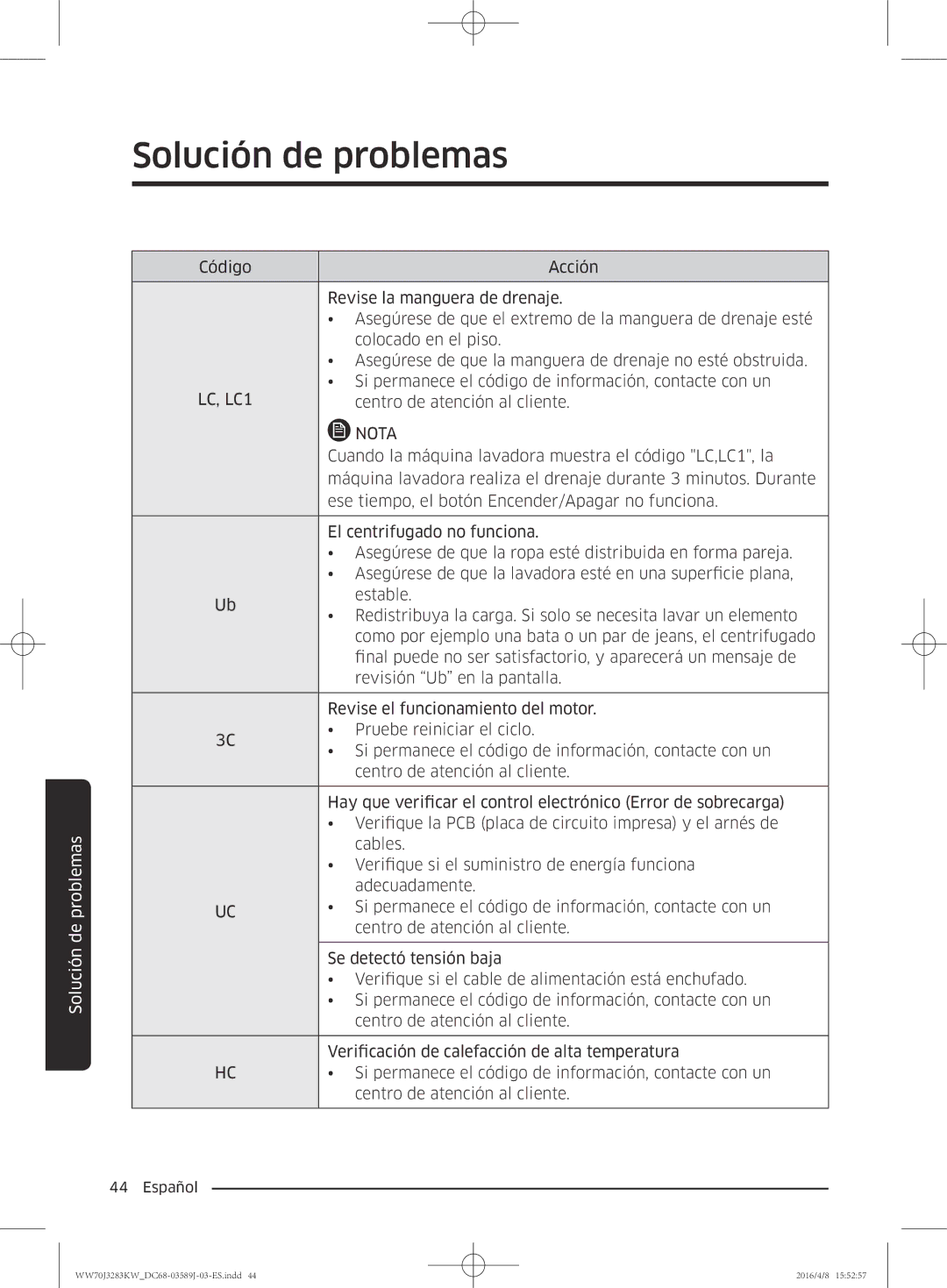 Samsung WW70J3283KW/GG, WW60J3287LW/GG manual LC, LC1 