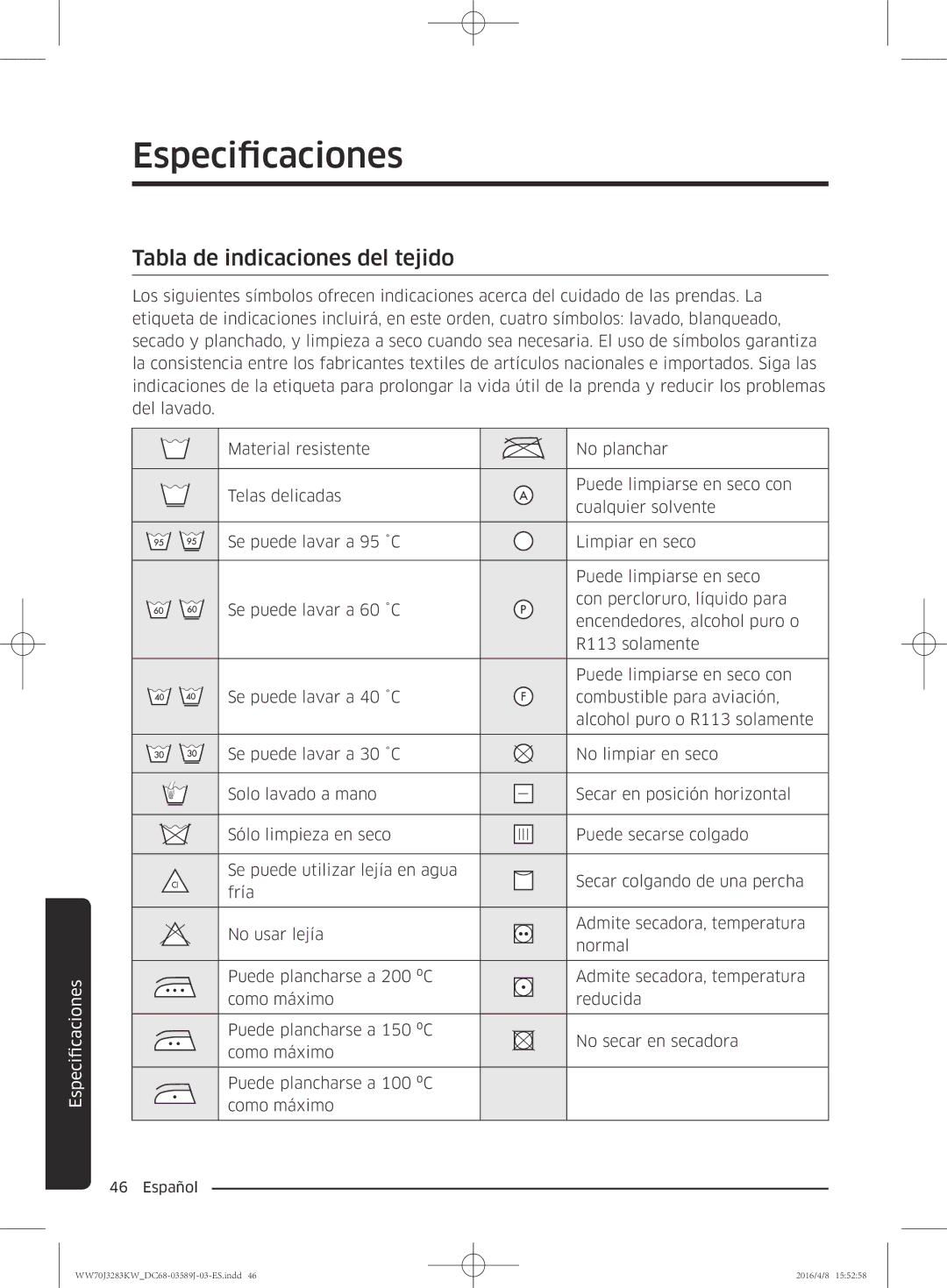 Samsung WW70J3283KW/GG, WW60J3287LW/GG manual Especificaciones, Tabla de indicaciones del tejido 