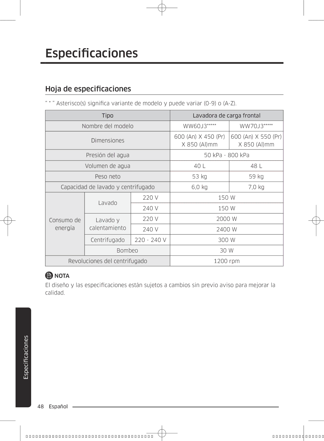 Samsung WW70J3283KW/GG, WW60J3287LW/GG manual Hoja de especificaciones 