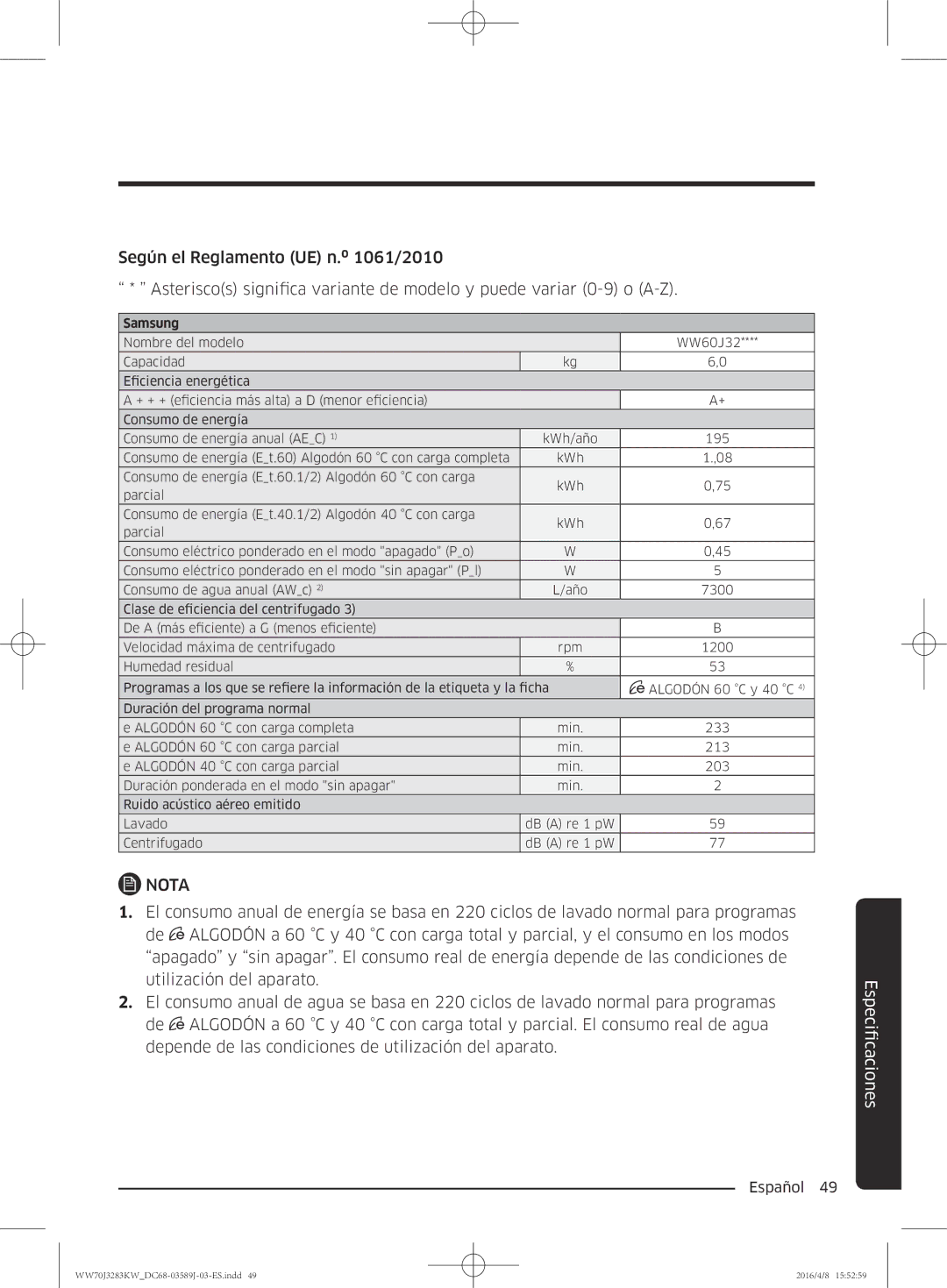 Samsung WW60J3287LW/GG, WW70J3283KW/GG manual Samsung 