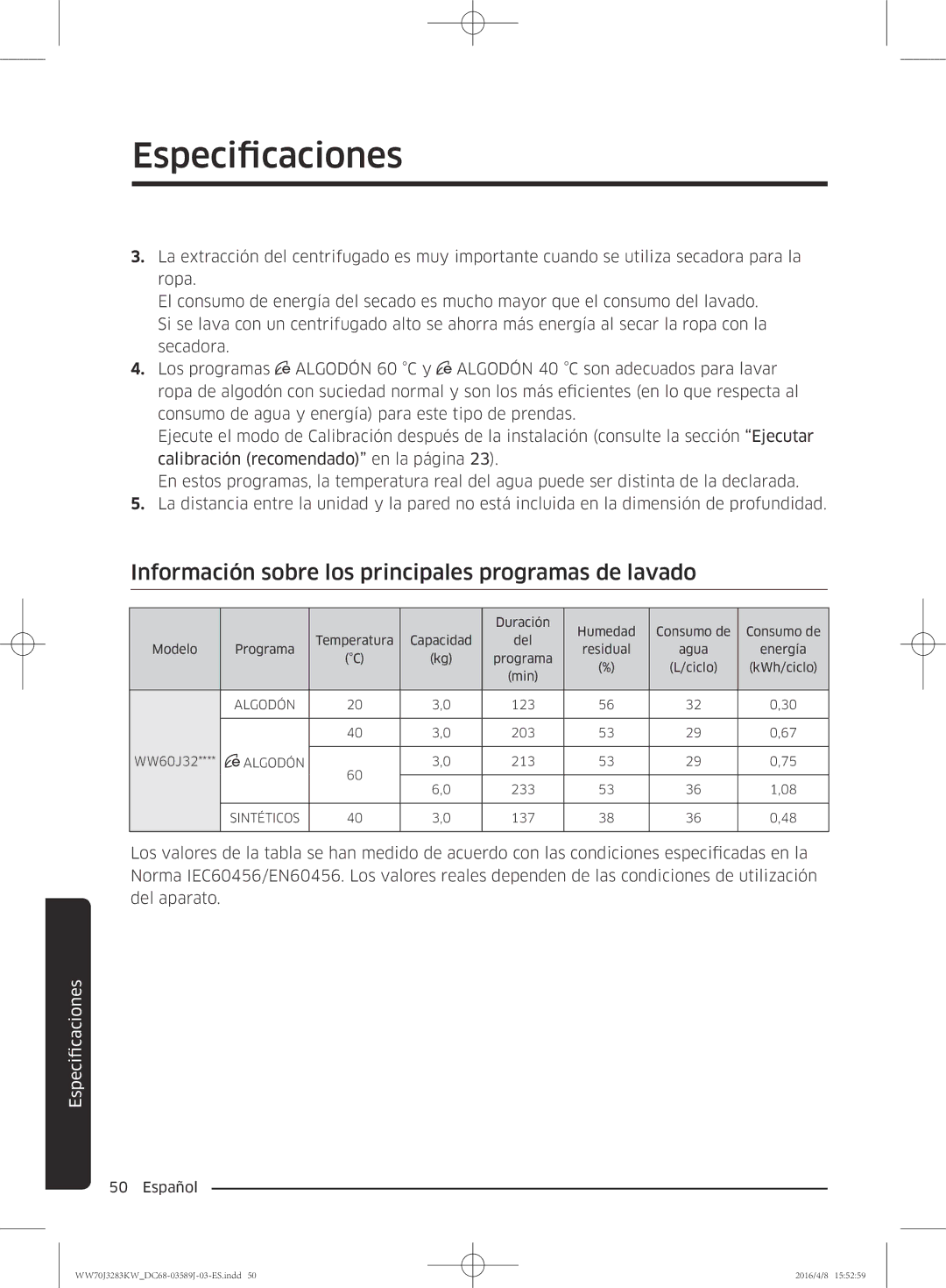 Samsung WW70J3283KW/GG, WW60J3287LW/GG manual Información sobre los principales programas de lavado 