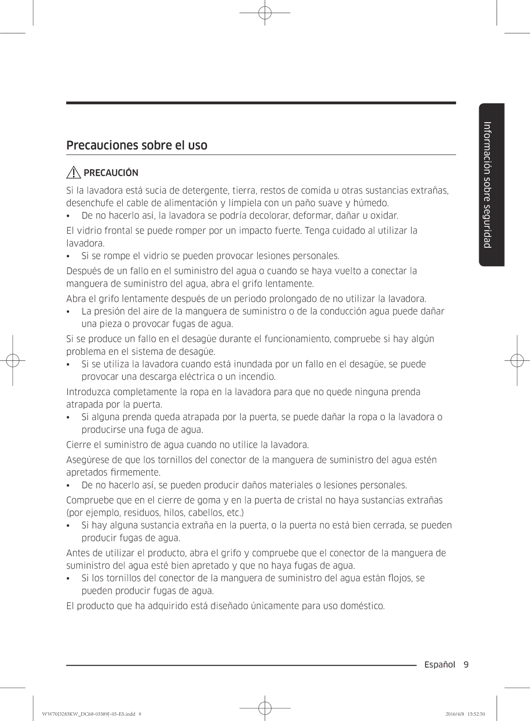 Samsung WW60J3287LW/GG, WW70J3283KW/GG manual Precauciones sobre el uso 