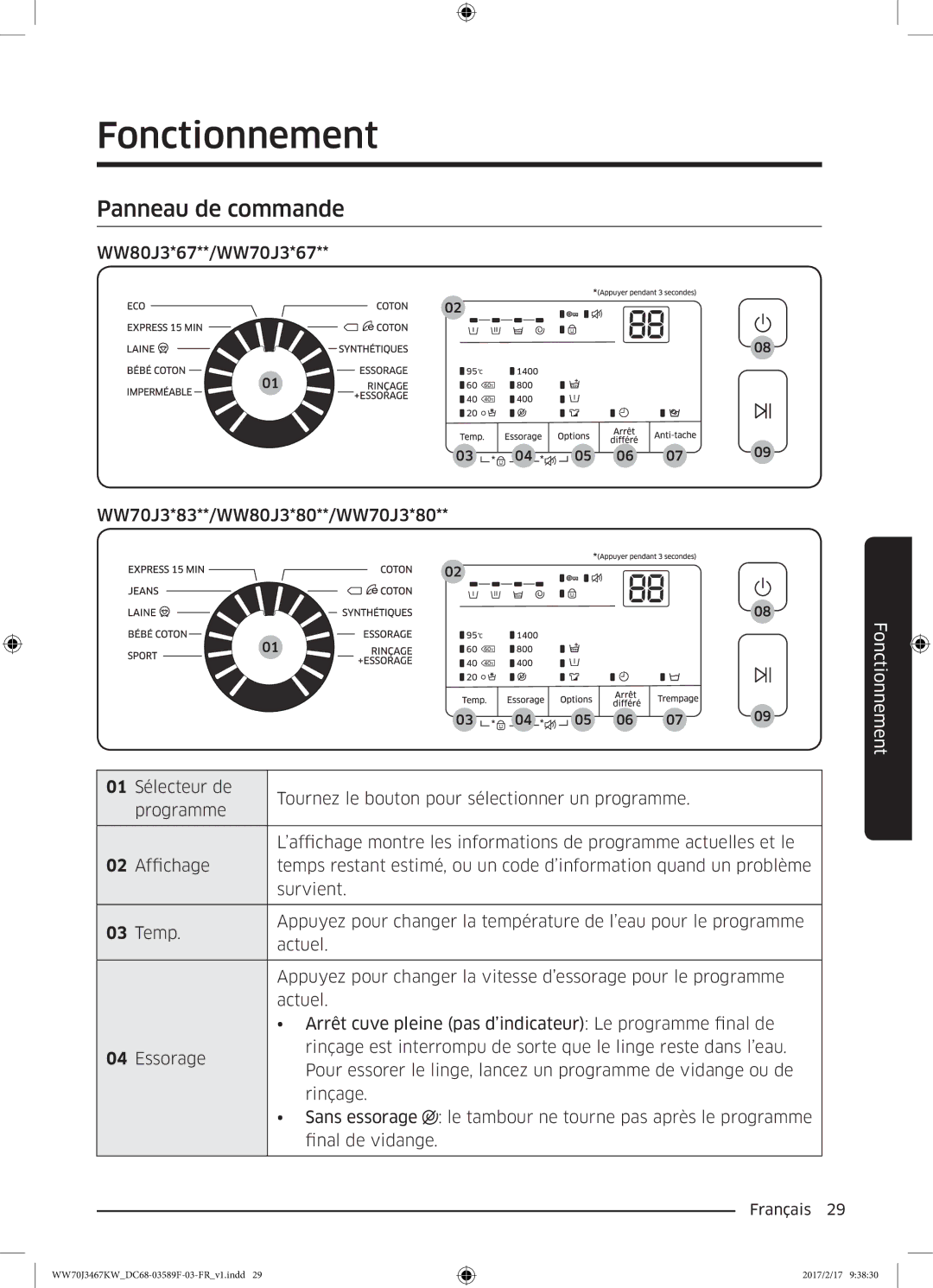 Samsung WW70J3483KW/EF, WW70J3480GS/EF, WW80J3267KW/EF, WW80J3280GS/EF, WW70J3283KW/EF Fonctionnement, Panneau de commande 