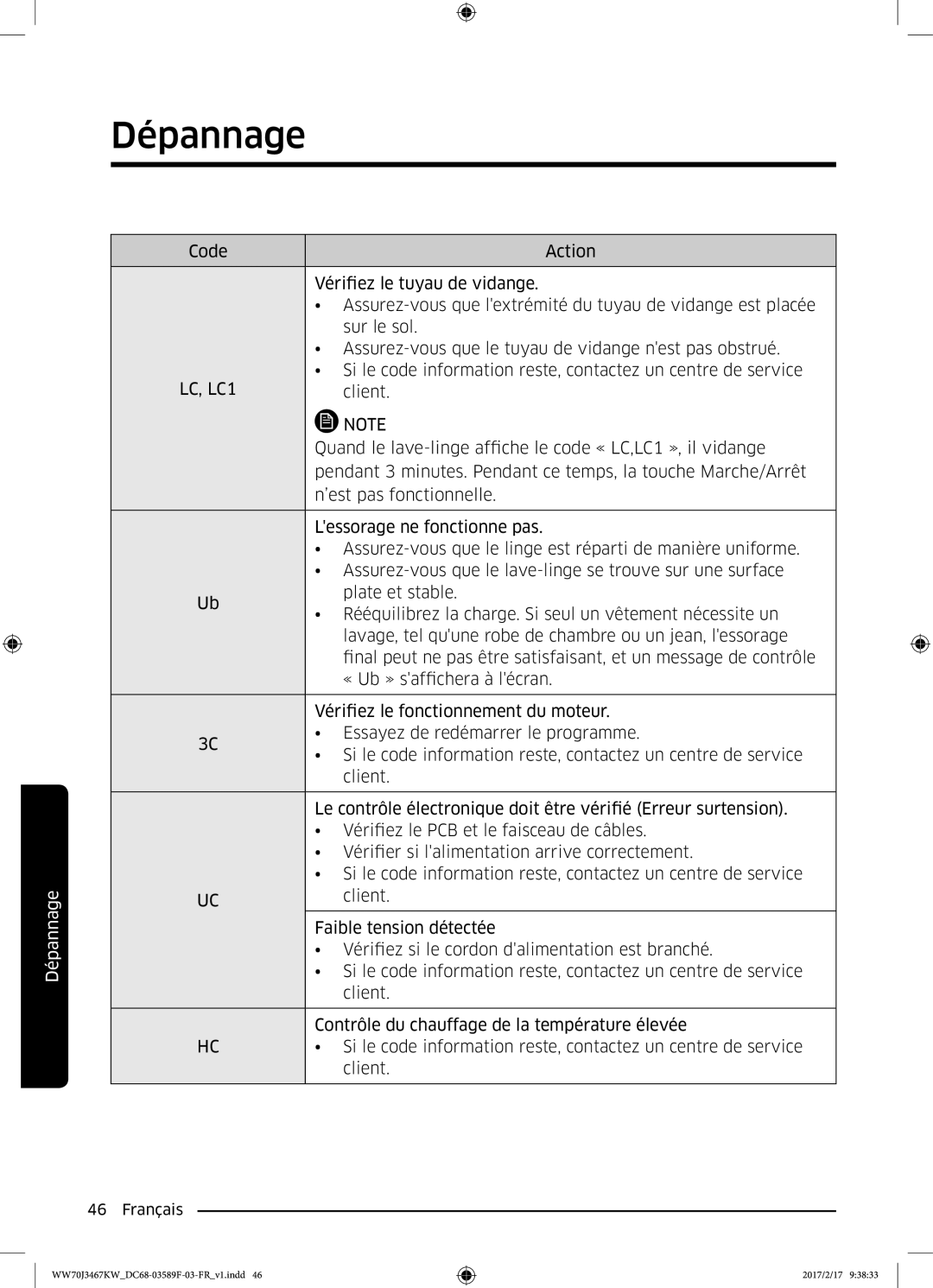 Samsung WW70J3467KW/EF, WW70J3480GS/EF, WW80J3267KW/EF manual Quand le lave-linge affiche le code « LC,LC1 », il vidange 