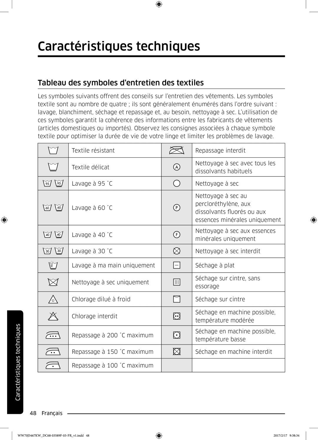 Samsung WW70J3480GS/EF, WW80J3267KW/EF manual Caractéristiques techniques, Tableau des symboles d’entretien des textiles 