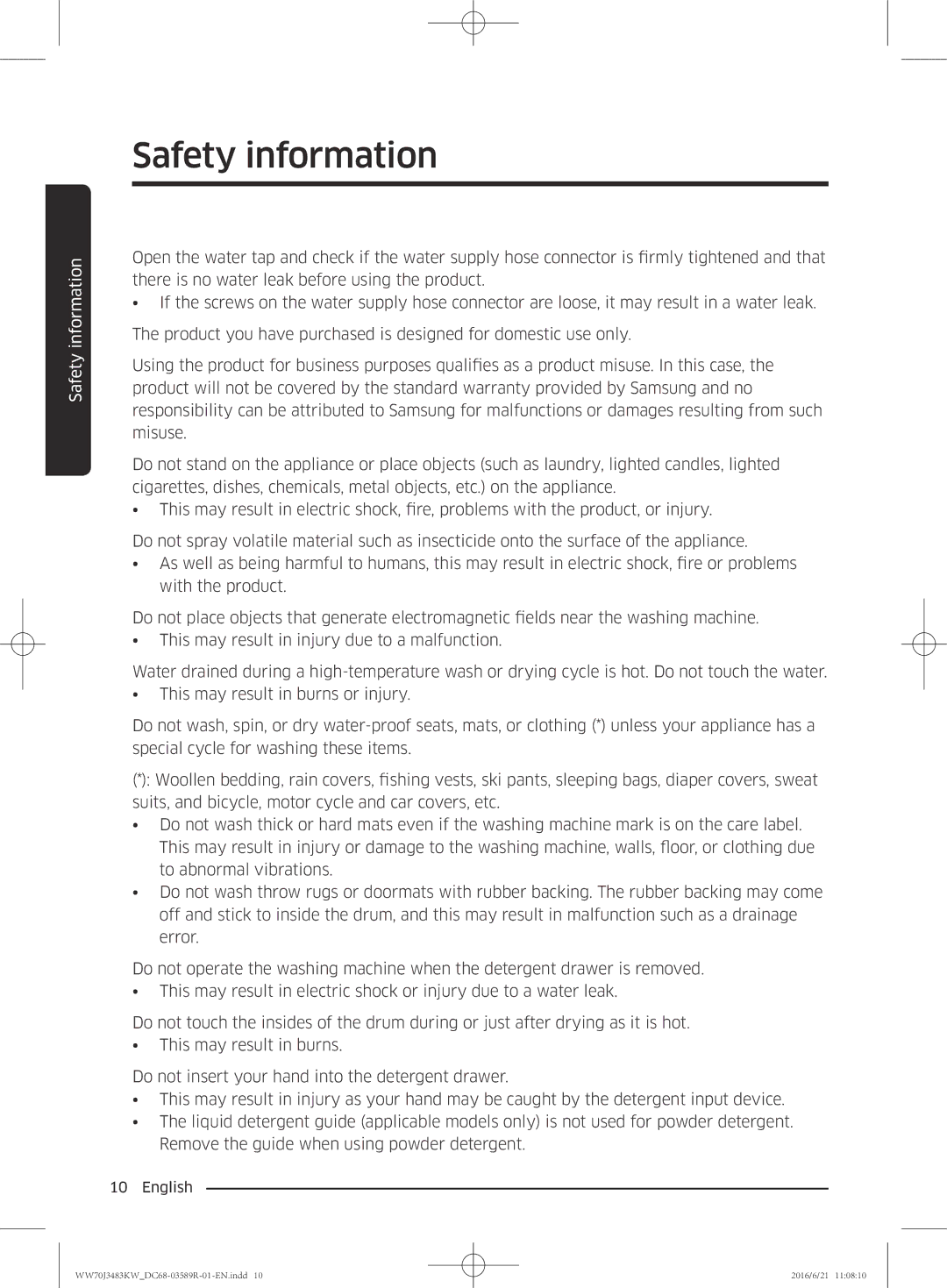 Samsung WW70J3483KW/EE manual Safety information 