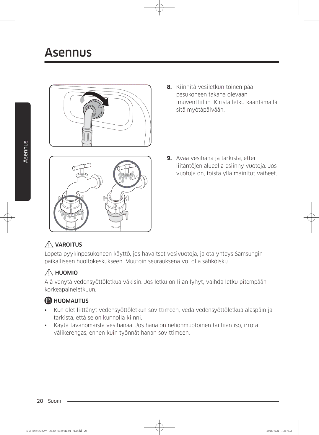 Samsung WW70J3483KW/EE manual Varoitus 