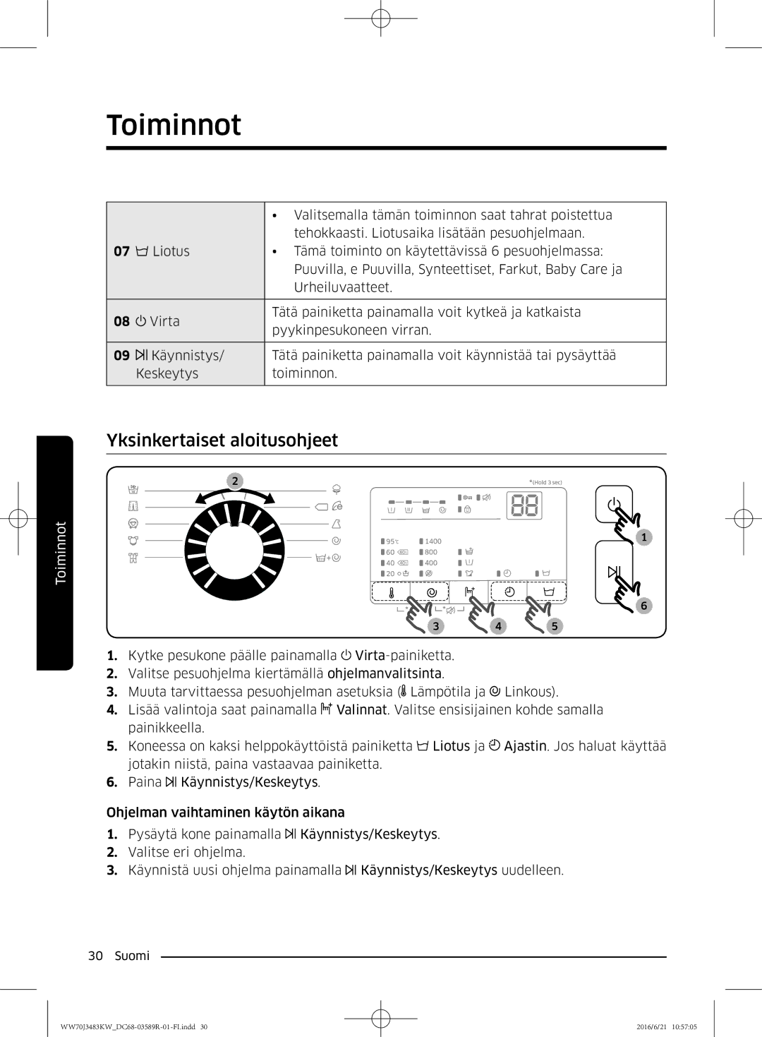 Samsung WW70J3483KW/EE manual Yksinkertaiset aloitusohjeet 