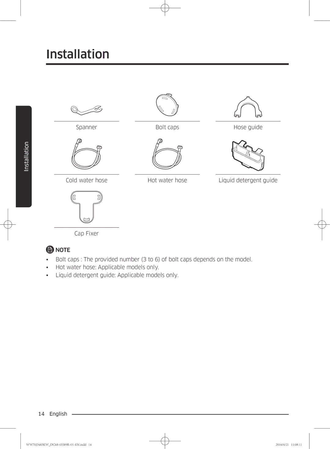 Samsung WW70J3483KW/EE manual Spanner Bolt caps Hose guide 