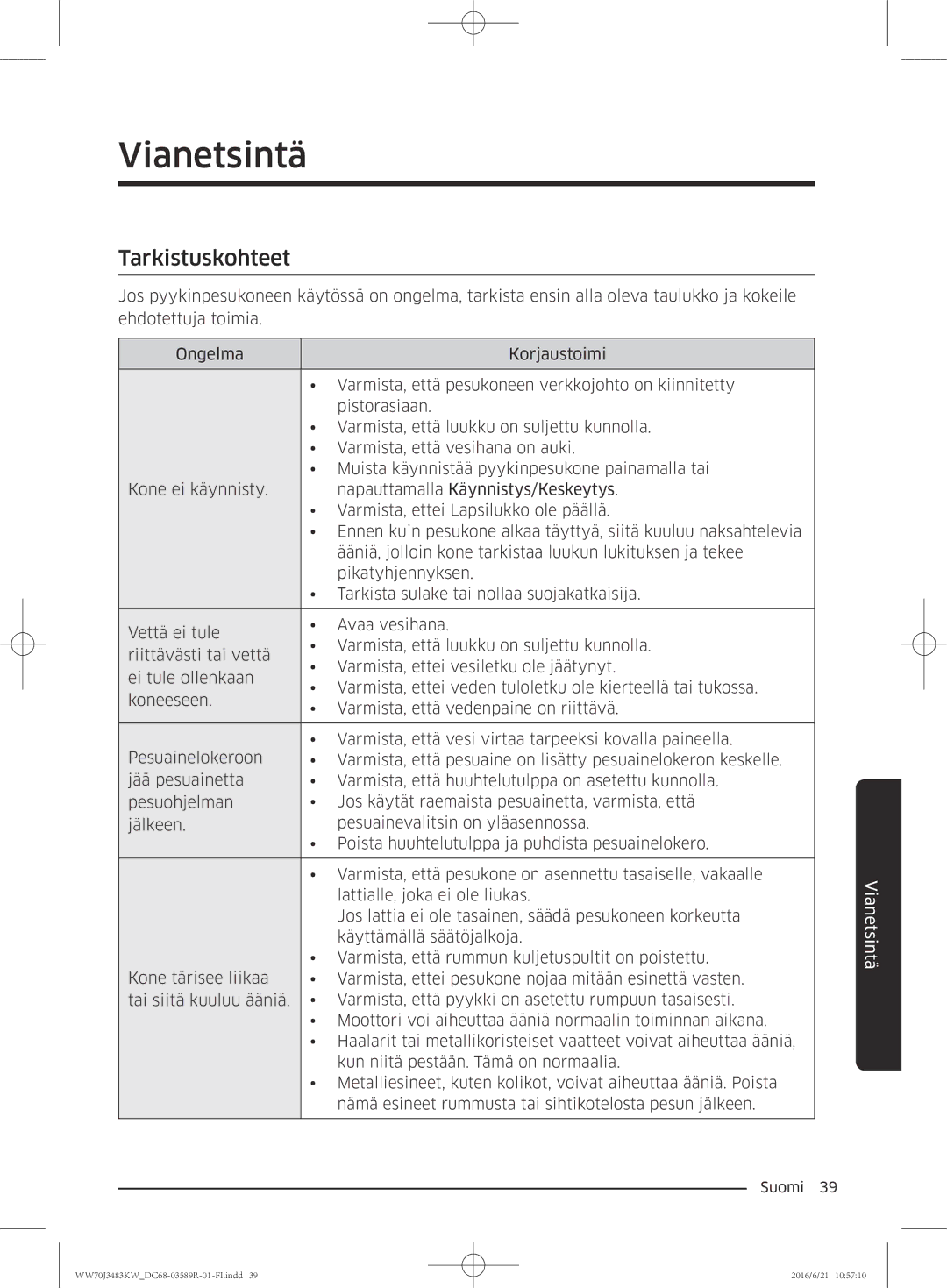 Samsung WW70J3483KW/EE manual Vianetsintä, Tarkistuskohteet 