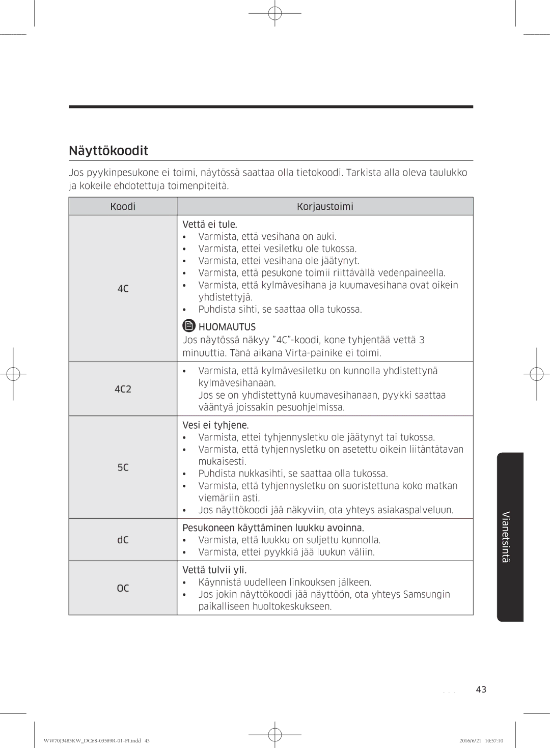 Samsung WW70J3483KW/EE manual Näyttökoodit 