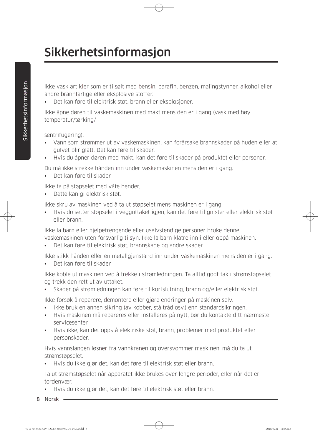 Samsung WW70J3483KW/EE manual Sikkerhetsinformasjon 