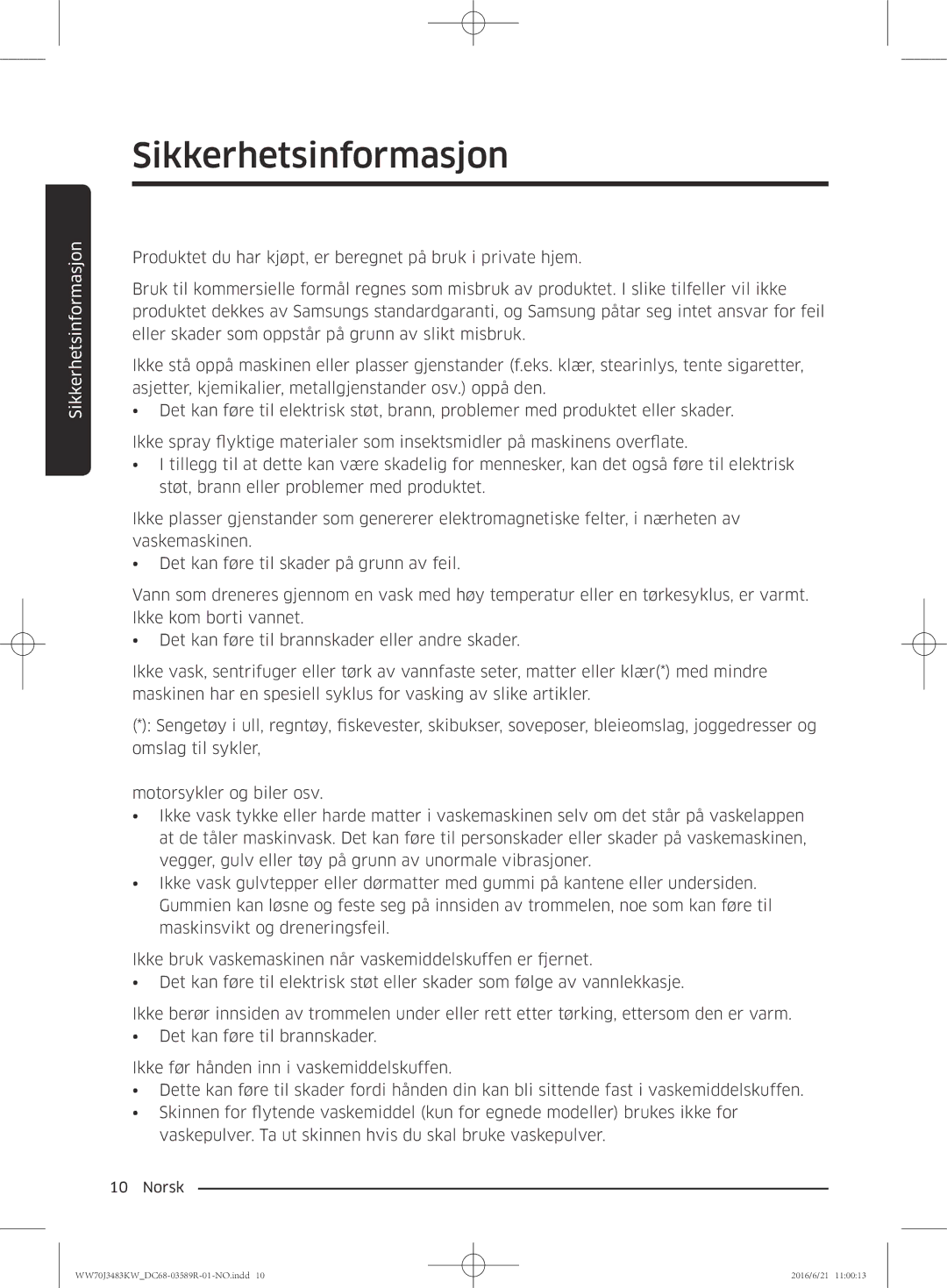 Samsung WW70J3483KW/EE manual Sikkerhetsinformasjon 