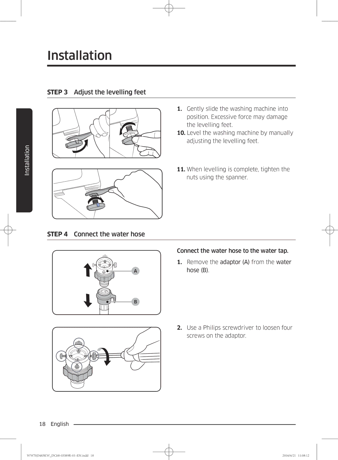 Samsung WW70J3483KW/EE manual Adjust the levelling feet 