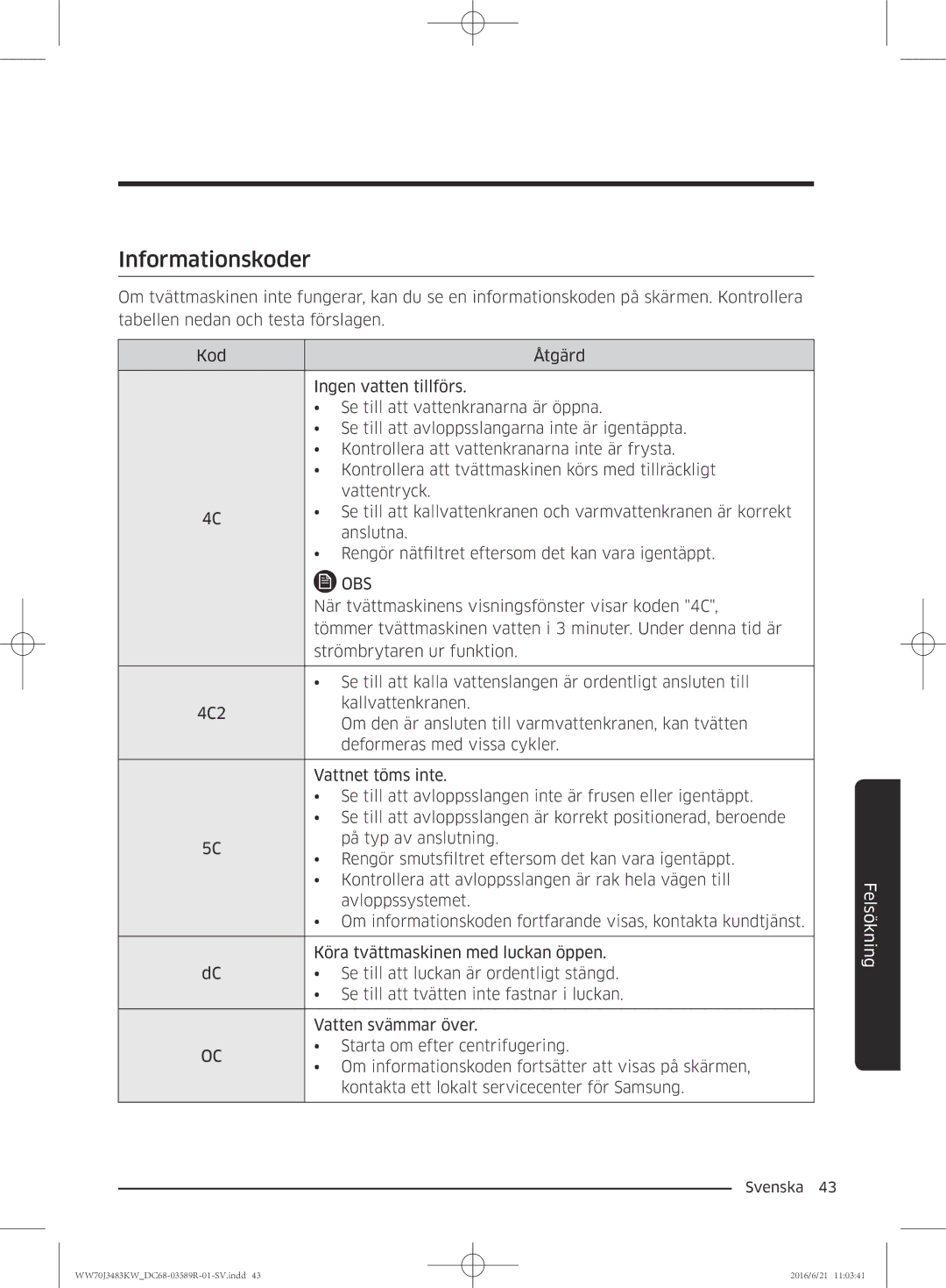 Samsung WW70J3483KW/EE manual När tvättmaskinens visningsfönster visar koden 4C 