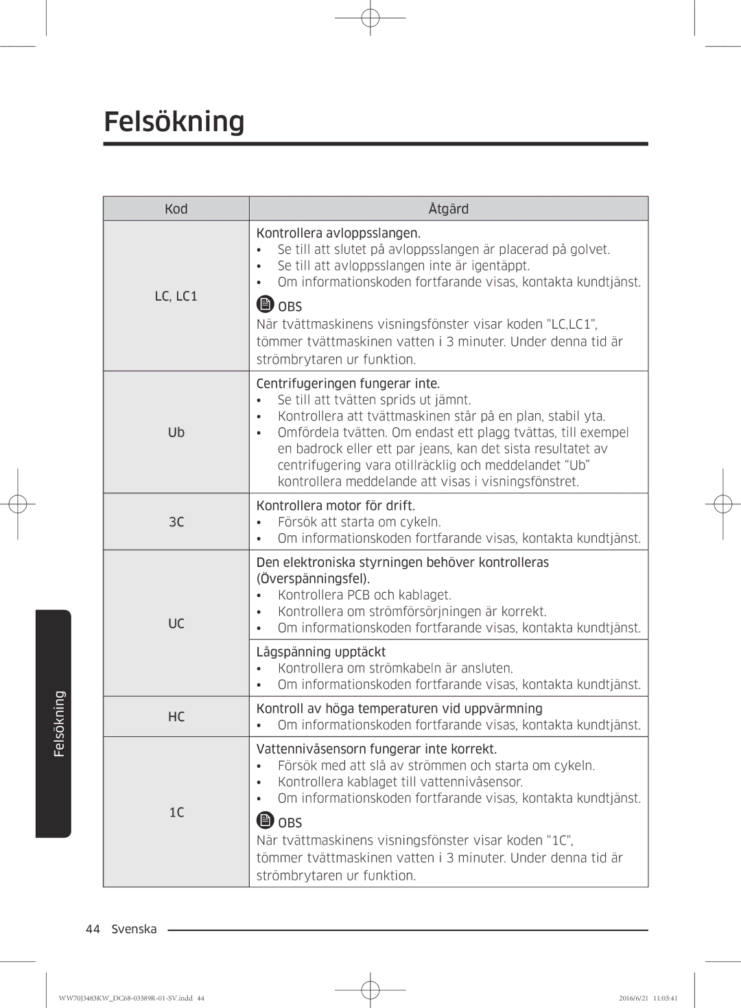 Samsung WW70J3483KW/EE manual När tvättmaskinens visningsfönster visar koden LC,LC1 