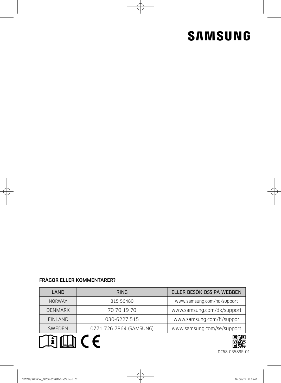 Samsung WW70J3483KW/EE manual Denmark 