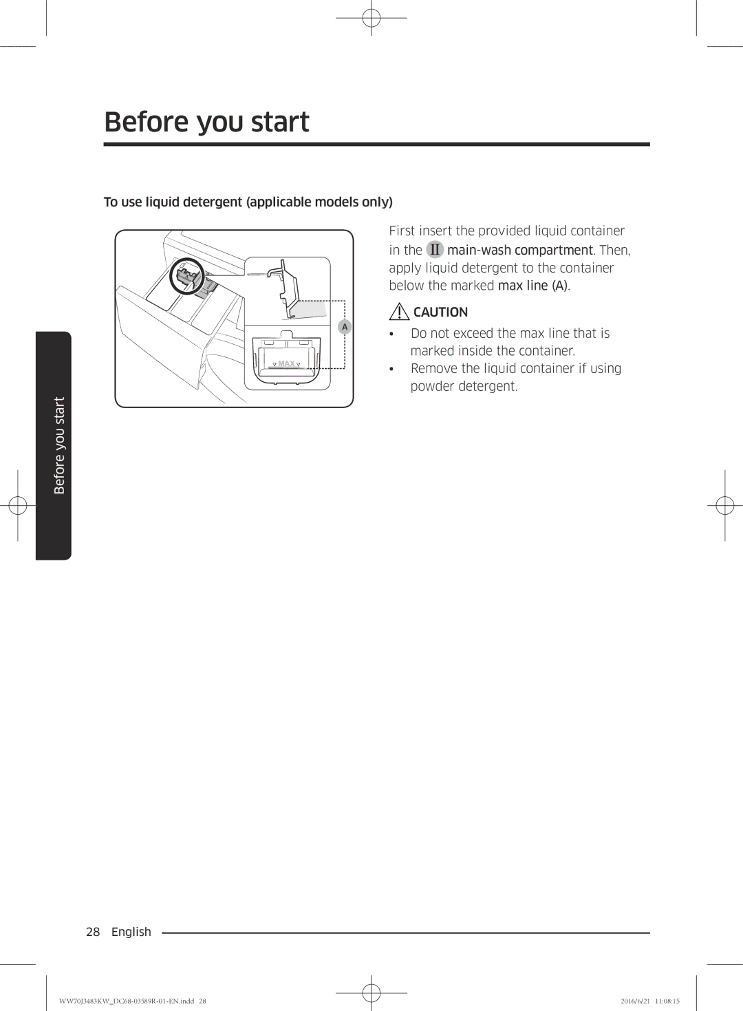 Samsung WW70J3483KW/EE manual Before you start 