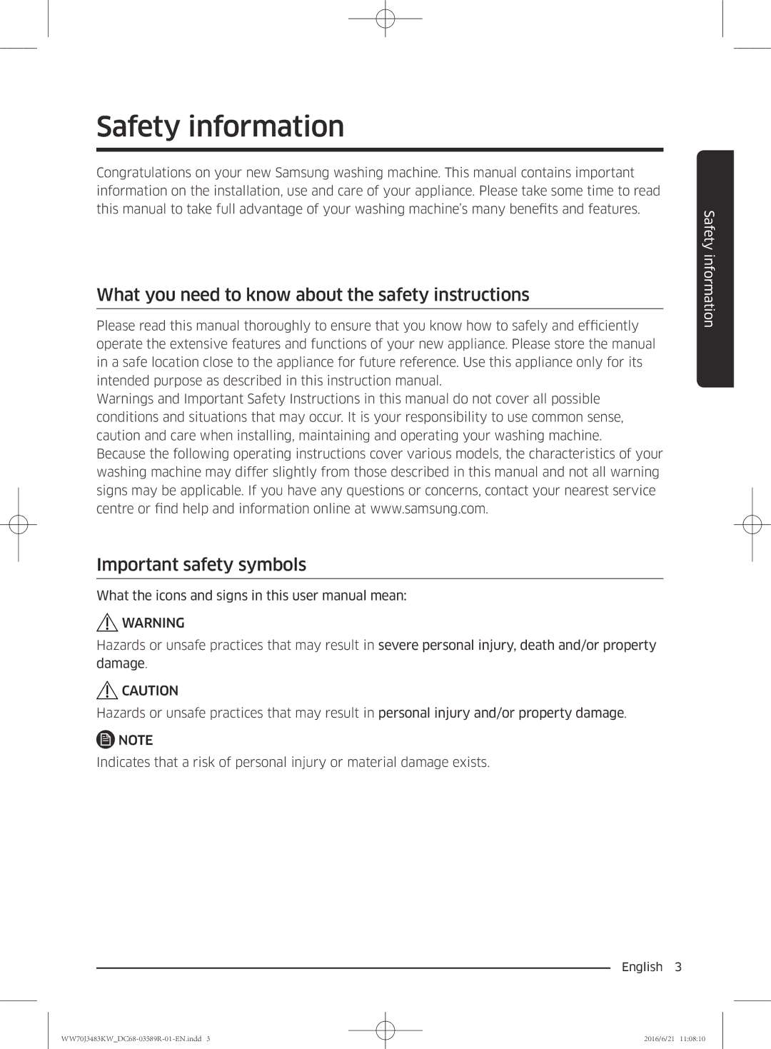 Samsung WW70J3483KW/EE manual Safety information 