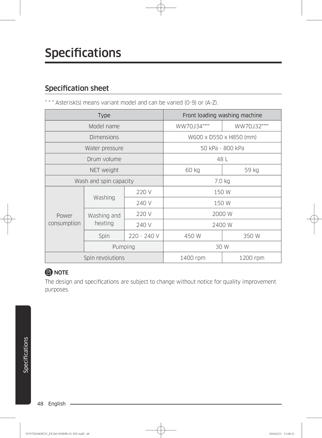 Samsung WW70J3483KW/EE manual Specifications, Specification sheet 