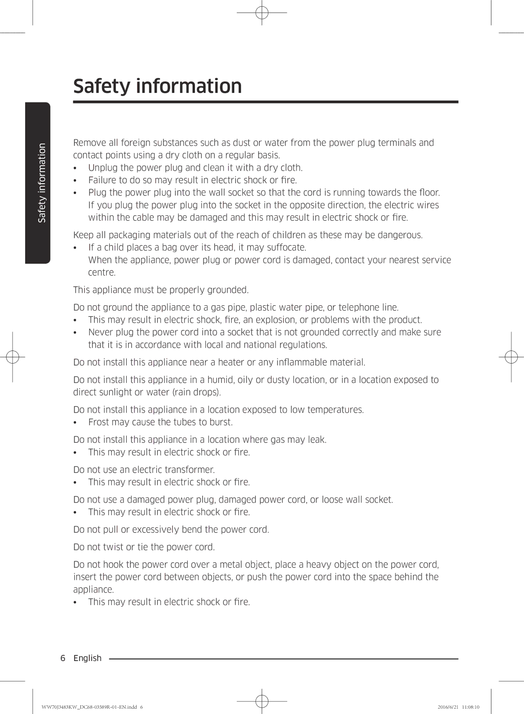 Samsung WW70J3483KW/EE manual Safety information 