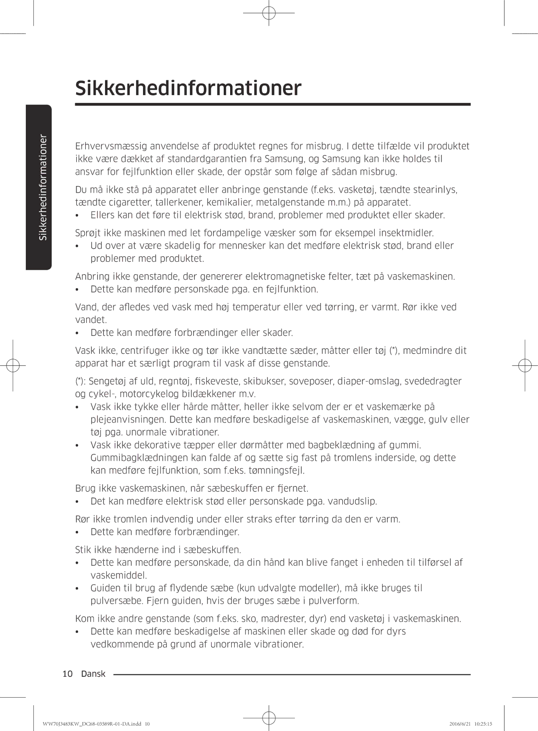 Samsung WW70J3483KW/EE manual Sikkerhedinformationer 