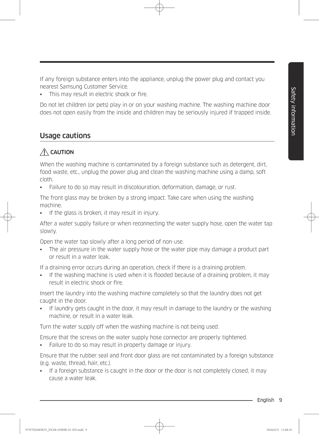 Samsung WW70J3483KW/EE manual Usage cautions 